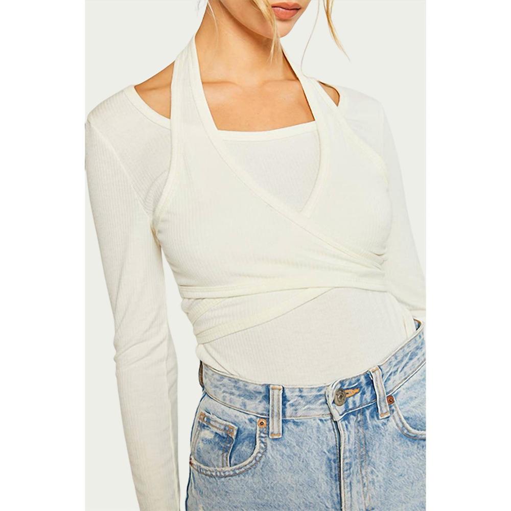 NEW PRETTY GARBAGE layered halterneck ribbed-knit top in ivory